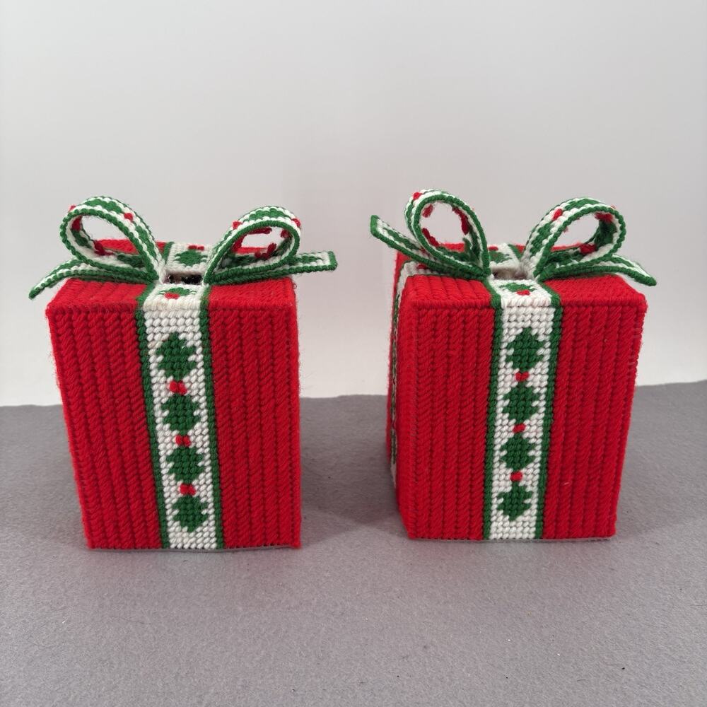 Vintage (2) Needlepoint Tissue Box Cover Nostalgic Christmas Holiday Decor Red